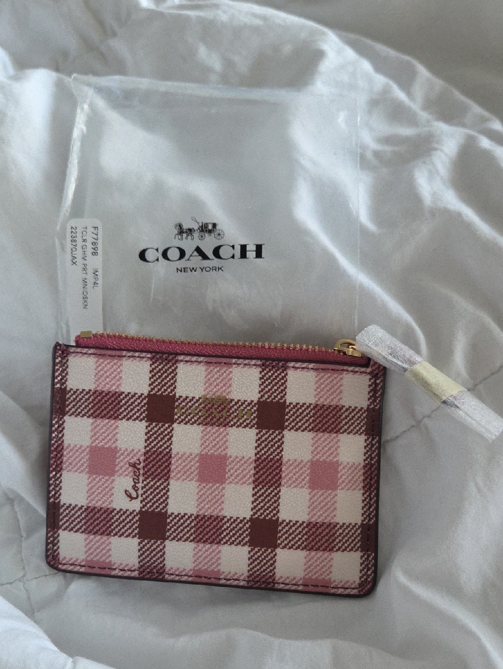 NWT Vintage COACH Pink Plaid Zip Card Case Wallet